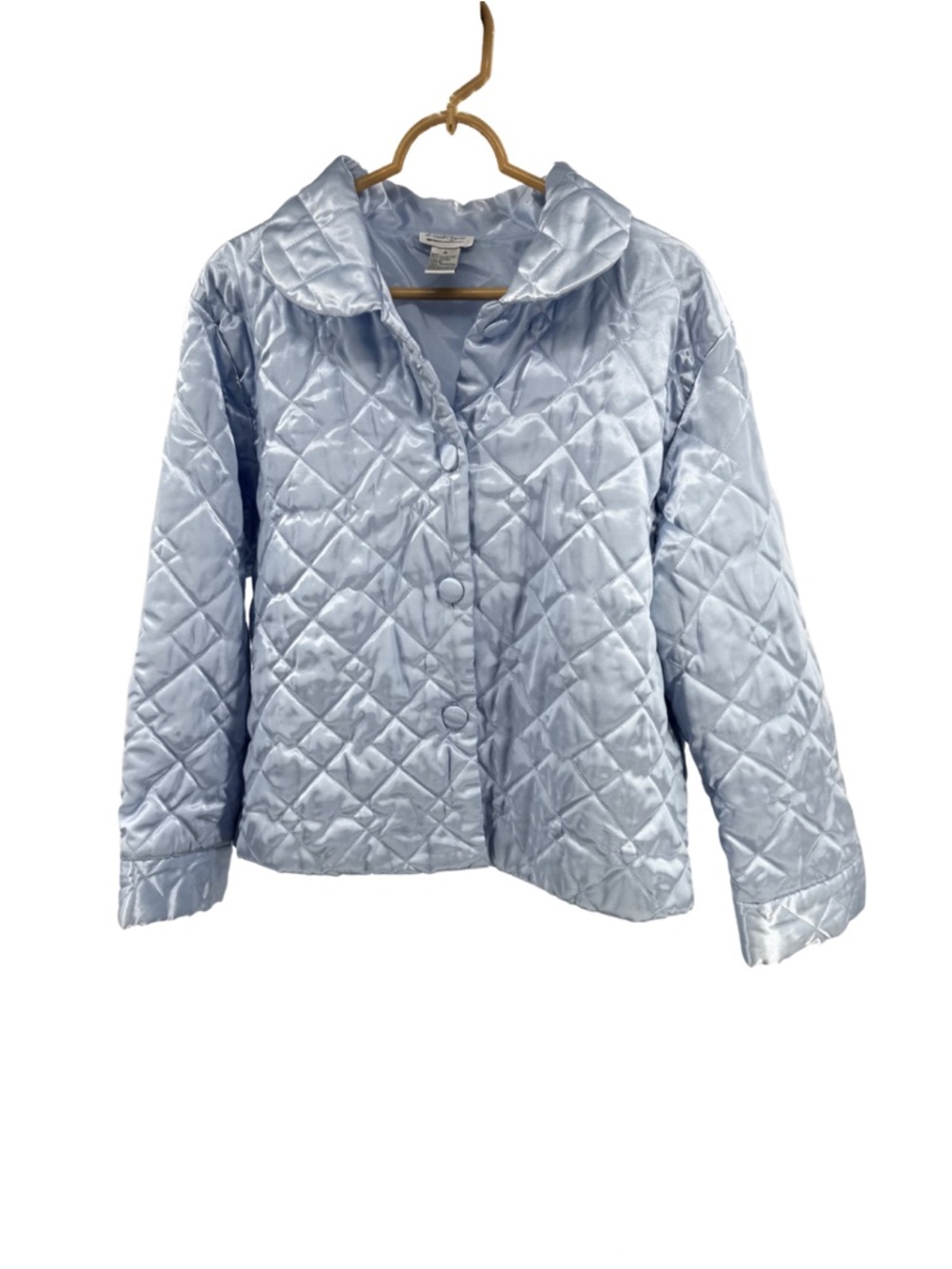 Kathryn Light Blue Quilted Satin Jacket M silky lined button front loungewear